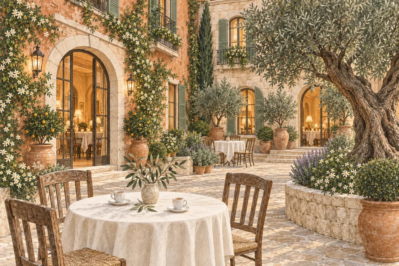 Painted Italian courtyard with a linen table, an olive tree and arched doors, seen through an arch.