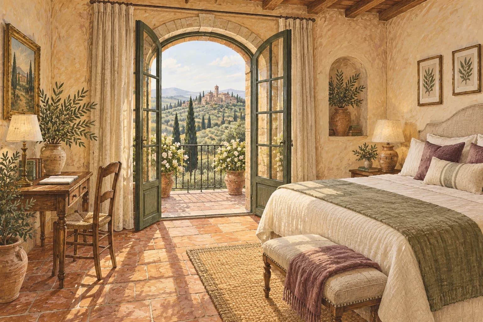 Painted guest room with linen bedding, olive shutters and an arched view of the Tuscan hills.