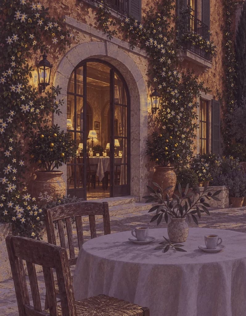 The hotel’s arched front door in the evening, its lanterns lit.